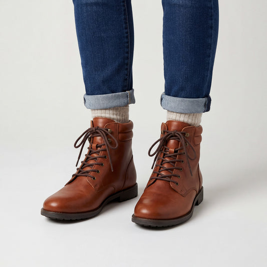 Platte Leren Enkellaarsjes Dames – Ronde Neus Vetermodel met Gevoerde Kraag